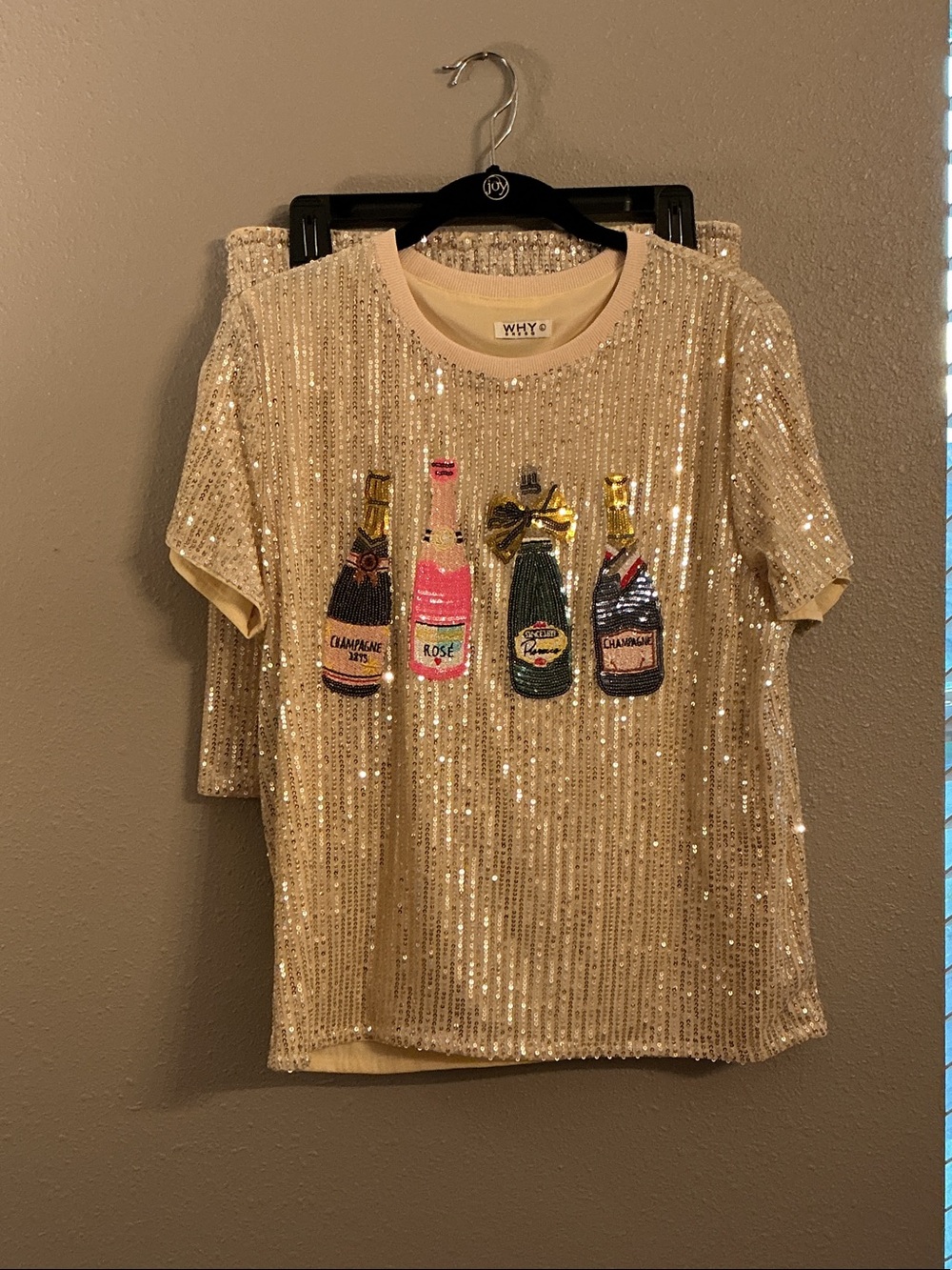 WHY Gold Sequin Champagne Bottle Embellished Short Sleeve Top & Matching Shorts